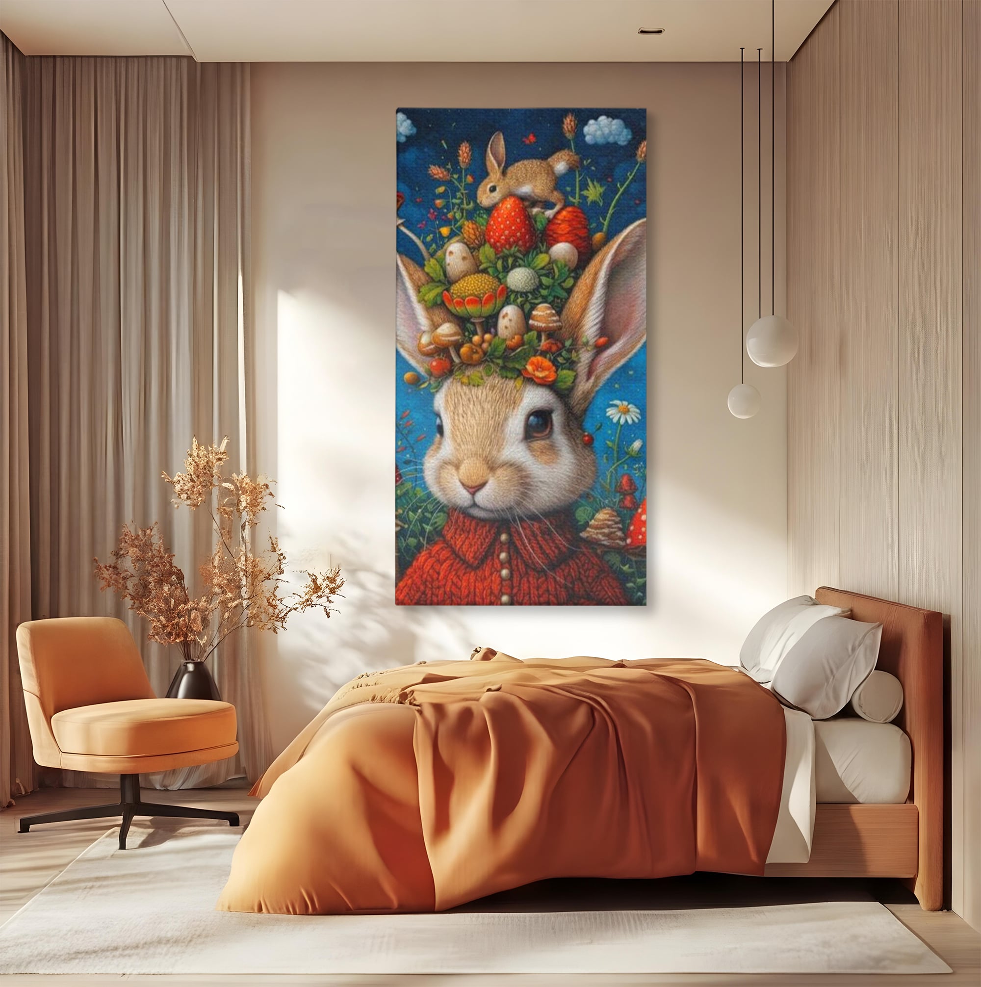 Tablou canvas cu tablou canvas cu iepuras fantastico-forestier, fara rama, pe sasiu de lemn, pe perete intr-un dormitor